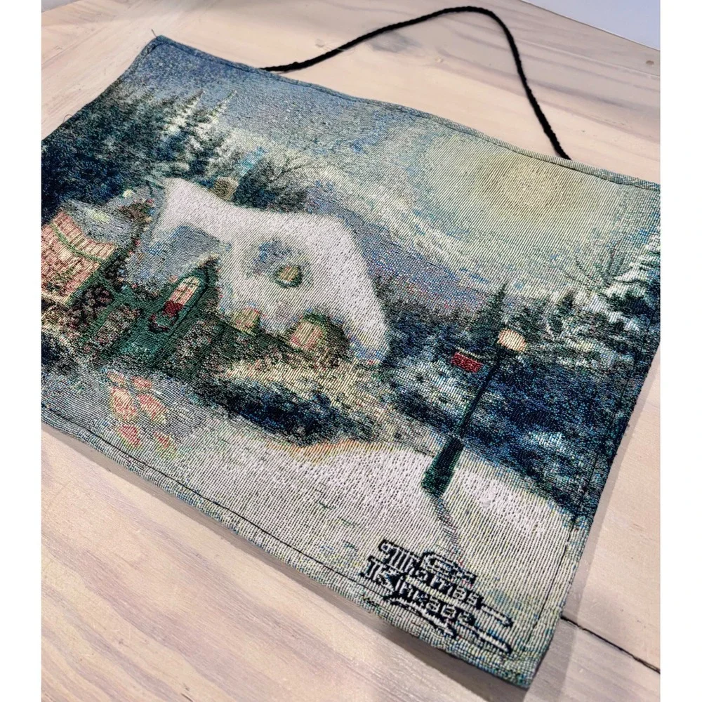 Thomas Kinkade Winter Cottage Woven Wall Hanging Tapestry Christmas Decor 17x12